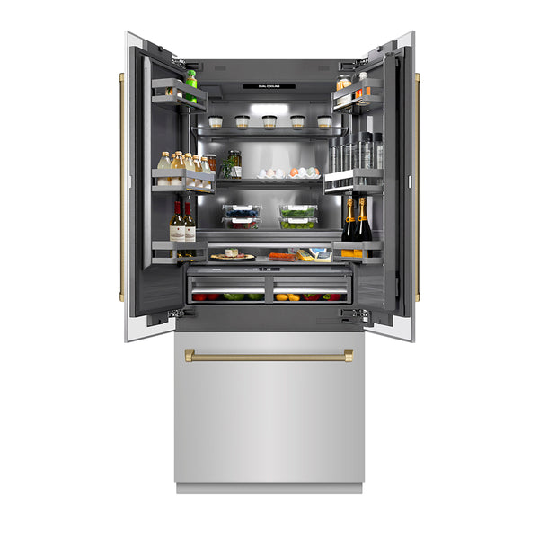 ZLINE Autograph Edition 36 in. 19.6 cu. ft. French Door Built-In Bottom Freezer Refrigerator with Water Dispenser and Ice Maker in Stainless Steel with Graphite Gray Interior and Champagne Bronze Helix Handles (GRBIVZ-30436KCB)