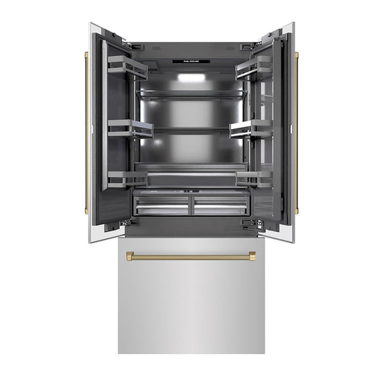 ZLINE Autograph Edition 36 in. 19.6 cu. ft. French Door Built-In Bottom Freezer Refrigerator with Water Dispenser and Ice Maker in Stainless Steel with Graphite Gray Interior and Champagne Bronze Helix Handles (GRBIVZ-30436KCB)