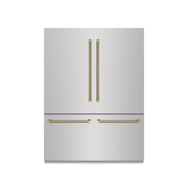 ZLINE Autograph Edition 60 in. 32.2 cu. ft. French Door Built-In Bottom Freezer Refrigerator with Water Dispenser and Ice Maker in Stainless Steel with Graphite Gray Interior and Champagne Bronze Helix Handles (GRBIVZ-30460KCB)