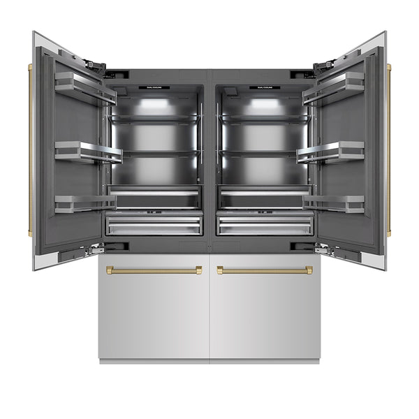 ZLINE Autograph Edition 60 in. 32.2 cu. ft. French Door Built-In Bottom Freezer Refrigerator with Water Dispenser and Ice Maker in Stainless Steel with Graphite Gray Interior and Champagne Bronze Helix Handles (GRBIVZ-30460KCB)