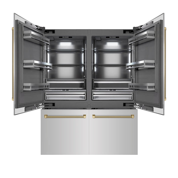 ZLINE Autograph Edition 60 in. 32.2 cu. ft. French Door Built-In Bottom Freezer Refrigerator with Water Dispenser and Ice Maker in Stainless Steel with Graphite Gray Interior and Champagne Bronze Helix Handles (GRBIVZ-30460KCB)