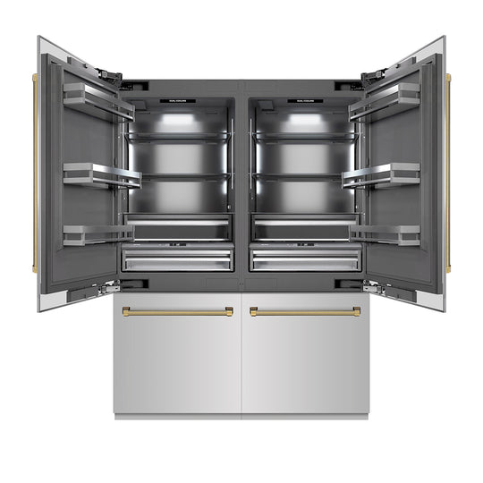 ZLINE Autograph Edition 60 in. 32.2 cu. ft. French Door Built-In Bottom Freezer Refrigerator with Water Dispenser and Ice Maker in Stainless Steel with Graphite Gray Interior and Polished Gold Helix Handles (GRBIVZ-30460KG)