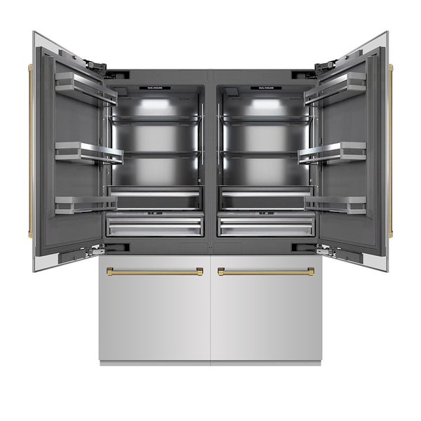 ZLINE Autograph Edition 60 in. 32.2 cu. ft. French Door Built-In Bottom Freezer Refrigerator with Water Dispenser and Ice Maker in Stainless Steel with Graphite Gray Interior and Polished Gold Helix Handles (GRBIVZ-30460KG)