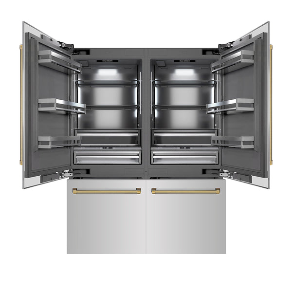 ZLINE Autograph Edition 60 in. 32.2 cu. ft. French Door Built-In Bottom Freezer Refrigerator with Water Dispenser and Ice Maker in Stainless Steel with Graphite Gray Interior and Polished Gold Helix Handles (GRBIVZ-30460KG)
