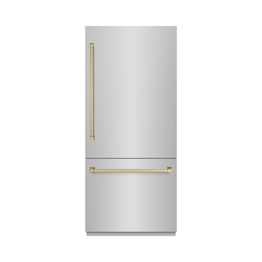 ZLINE Autograph Edition 36 in. 19.8 cu. ft. Built-In Bottom Freezer Refrigerator with Water Dispenser and Ice Maker in Stainless Steel with Champagne Bronze Accents (RBITZ-304-36CB)