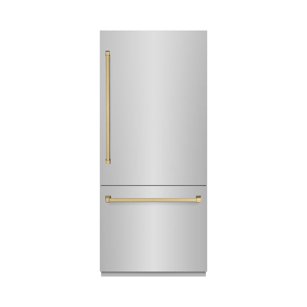 ZLINE Autograph Edition 36 in. 19.8 cu. ft. Built-In Bottom Freezer Refrigerator with Water Dispenser and Ice Maker in Stainless Steel with Champagne Bronze Accents (RBITZ-304-36CB)