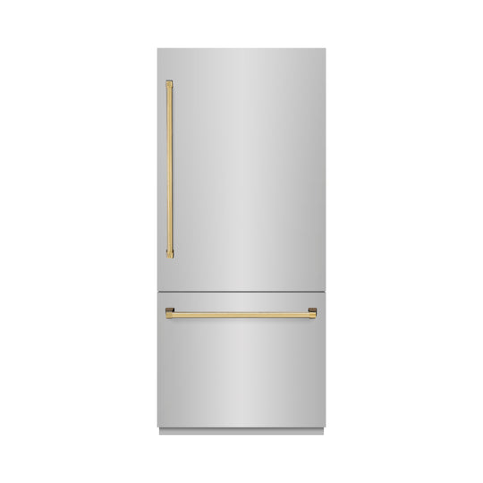 ZLINE Autograph Edition 36 in. 19.8 cu. ft. Built-In Bottom Freezer Refrigerator with Water Dispenser and Ice Maker in Stainless Steel with Polished Gold Accents (RBITZ-304-36G)