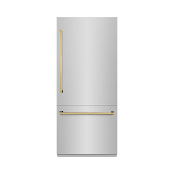 ZLINE Autograph Edition 36 in. 19.8 cu. ft. Built-In Bottom Freezer Refrigerator with Water Dispenser and Ice Maker in Stainless Steel with Polished Gold Accents (RBITZ-304-36G)
