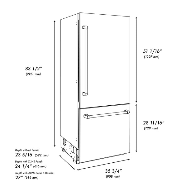 ZLINE Autograph Edition 36 in. 19.8 cu. ft. Built-In Bottom Freezer Refrigerator with Water Dispenser and Ice Maker in Stainless Steel with Matte Black Accents (RBITZ-304-36MB)