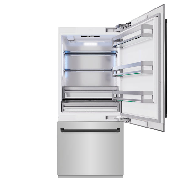 ZLINE Autograph Edition 36 in. 19.8 cu. ft. Built-In Bottom Freezer Refrigerator with Water Dispenser and Ice Maker in Stainless Steel with Matte Black Accents (RBITZ-304-36MB)