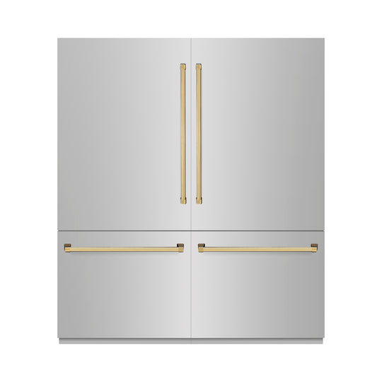 ZLINE Autograph Edition 72 in. 39.6 cu. ft. French Door Built-In Bottom Freezer Refrigerator with Water Dispensers and Ice Makers in Stainless Steel with Polished Gold Accents (RBITZ-304-72G)