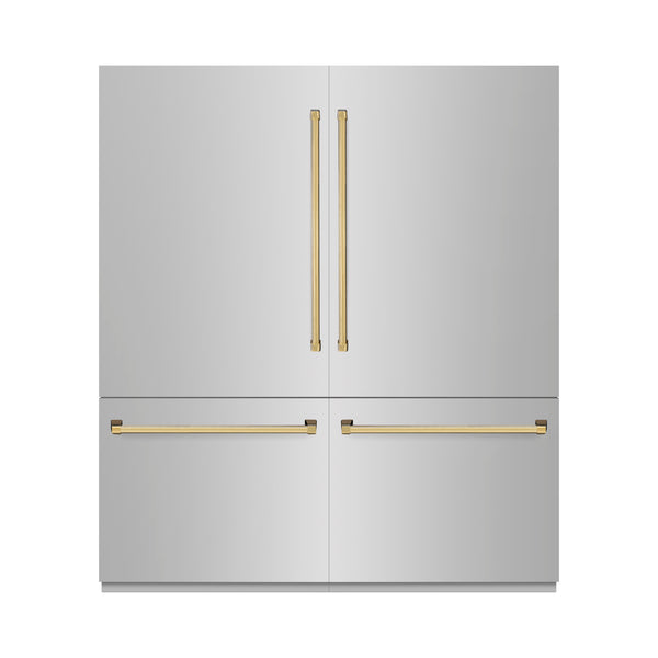 ZLINE Autograph Edition 72 in. 39.6 cu. ft. French Door Built-In Bottom Freezer Refrigerator with Water Dispensers and Ice Makers in Stainless Steel with Polished Gold Accents (RBITZ-304-72G)