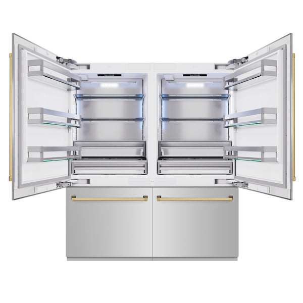 ZLINE Autograph Edition 72 in. 39.6 cu. ft. French Door Built-In Bottom Freezer Refrigerator with Water Dispensers and Ice Makers in Stainless Steel with Polished Gold Accents (RBITZ-304-72G)
