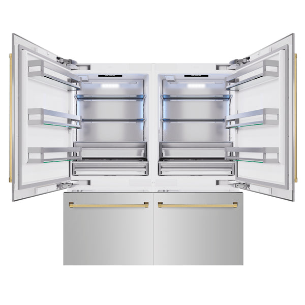 ZLINE Autograph Edition 72 in. 39.6 cu. ft. French Door Built-In Bottom Freezer Refrigerator with Water Dispensers and Ice Makers in Stainless Steel with Polished Gold Accents (RBITZ-304-72G)