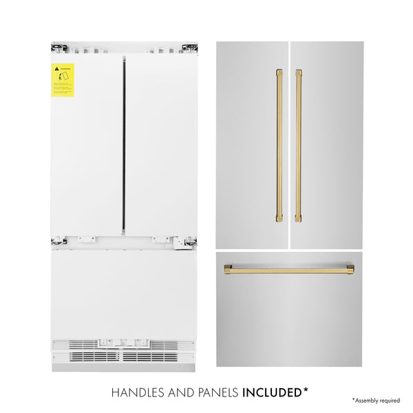 ZLINE 36” Autograph Edition 19.6 cu. ft. Built-in 2-Door Bottom Freezer Refrigerator with Internal Water and Ice Dispenser in Stainless Steel with Polished Gold  Accents (RBIVZ-304-36-G)