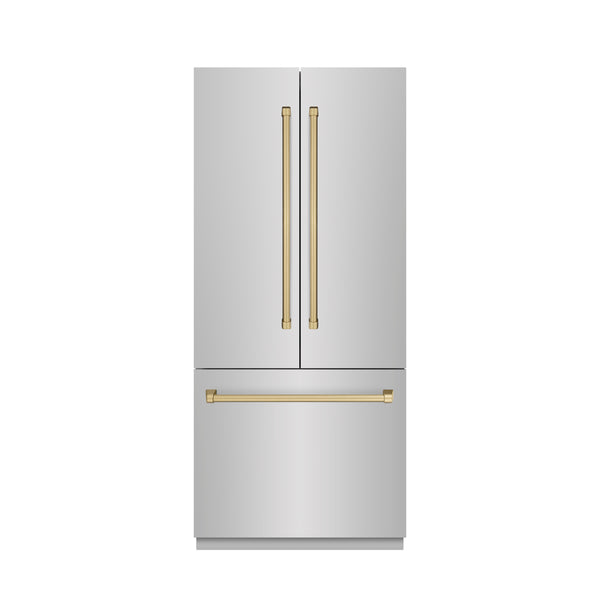 ZLINE Autograph Edition 36 in. 19.6 cu. ft. French Door Built-In Bottom Freezer Refrigerator with Water Dispenser and Ice Maker in Stainless Steel with Stainless Steel Interior and Champagne Bronze Accents (SRBIVZ-304-36CB)
