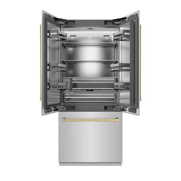 ZLINE Autograph Edition 36 in. 19.6 cu. ft. French Door Built-In Bottom Freezer Refrigerator with Water Dispenser and Ice Maker in Stainless Steel with Stainless Steel Interior and Champagne Bronze Accents (SRBIVZ-304-36CB)