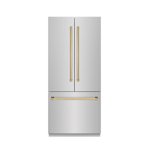 ZLINE Autograph Edition 36 in. 19.6 cu. ft. French Door Built-In Bottom Freezer Refrigerator with Water Dispenser and Ice Maker in Stainless Steel with Stainless Steel Interior and Polished Gold Accents (SRBIVZ-304-36G)