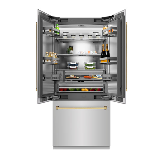 ZLINE Autograph Edition 36 in. 19.6 cu. ft. French Door Built-In Bottom Freezer Refrigerator with Water Dispenser and Ice Maker in Stainless Steel with Stainless Steel Interior and Polished Gold Accents (SRBIVZ-304-36G)