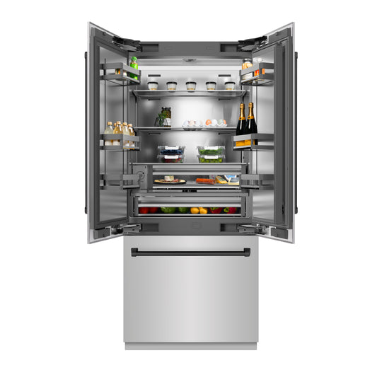 ZLINE Autograph Edition 36 in. 19.6 cu. ft. French Door Built-In Bottom Freezer Refrigerator with Water Dispenser and Ice Maker in Stainless Steel with Stainless Steel Interior and Matte Black Accents (SRBIVZ-304-36MB)