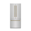 ZLINE Autograph Edition 36 in. 19.6 cu. ft. French Door Built-In Bottom Freezer Refrigerator with Water Dispenser and Ice Maker in Stainless Steel with Stainless Steel Interior and Champagne Bronze Helix Handles (SRBIVZ-30436KCB)