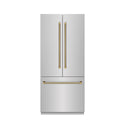 ZLINE Autograph Edition 36 in. 19.6 cu. ft. French Door Built-In Bottom Freezer Refrigerator with Water Dispenser and Ice Maker in Stainless Steel with Stainless Steel Interior and Polished Gold Helix Handles (SRBIVZ-30436KG)