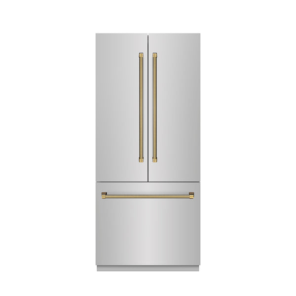ZLINE Autograph Edition 36 in. 19.6 cu. ft. French Door Built-In Bottom Freezer Refrigerator with Water Dispenser and Ice Maker in Stainless Steel with Stainless Steel Interior and Polished Gold Helix Handles (SRBIVZ-30436KG)
