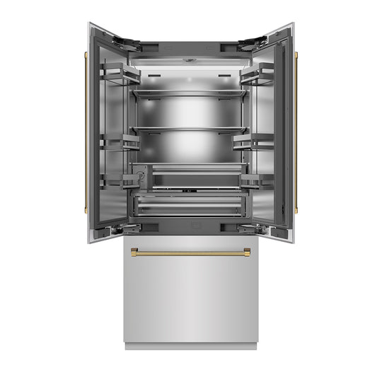 ZLINE Autograph Edition 36 in. 19.6 cu. ft. French Door Built-In Bottom Freezer Refrigerator with Water Dispenser and Ice Maker in Stainless Steel with Stainless Steel Interior and Polished Gold Helix Handles (SRBIVZ-30436KG)