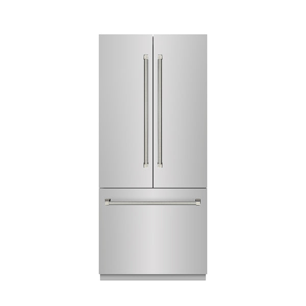 ZLINE Autograph Edition 36 in. 19.6 cu. ft. French Door Built-In Bottom Freezer Refrigerator with Water Dispenser and Ice Maker in Stainless Steel with Stainless Steel Interior and Polished Nickel Helix Handles (SRBIVZ-30436KPN)