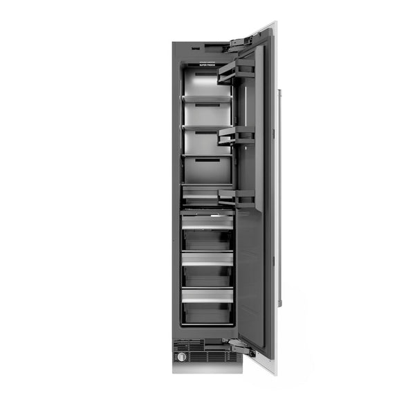 ZLINE 18 in. 8.6 cu. ft. Right Hinge Column Freezer in White Matte with Graphite Gray Interior (RCFVR-WM-18) front, open.