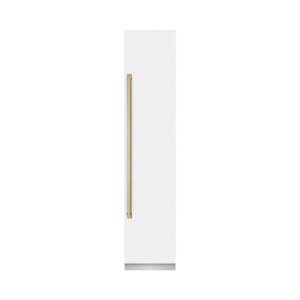 ZLINE Autograph Edition 18 in. 8.6 cu. ft. Right Hinge Column Freezer in White Matte with Graphite Gray Interior and Polished Gold Accents (RCFVRZ-WM-18-G) front, closed.