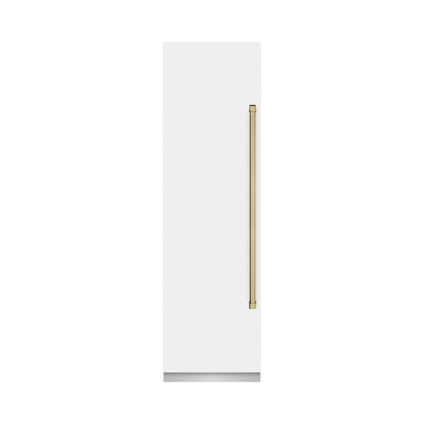 ZLINE Autograph Edition 24 in. 12.4 cu. ft. Column Freezer in White Matte with Graphite Gray Interior and Champagne Bronze Accents (RCFVZ-WM-24-CB) front, closed.