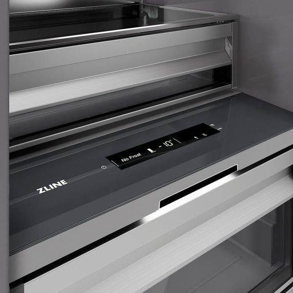 ZLINE Autograph Edition 24 in. 12.4 cu. ft. Column Freezer in White Matte with Graphite Gray Interior and Matte Black Accents (RCFVZ-WM-24-MB) close-up detail, interior touch control panel.