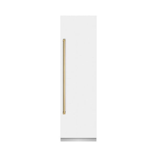 ZLINE Autograph Edition 24 in. 12.5 cu. ft. Column Refrigerator in White Matte with Graphite Gray Interior and Polished Gold Accents (RCRVZ-WM-24-G) front, closed.