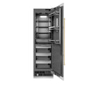 ZLINE Autograph Edition 24 in. 12.5 cu. ft. Column Refrigerator in White Matte with Graphite Gray Interior and Polished Gold Accents (RCRVZ-WM-24-G) front, open.