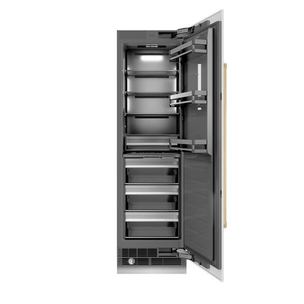 ZLINE Autograph Edition 24 in. 12.5 cu. ft. Column Refrigerator in White Matte with Graphite Gray Interior and Polished Gold Accents (RCRVZ-WM-24-G) front, open.