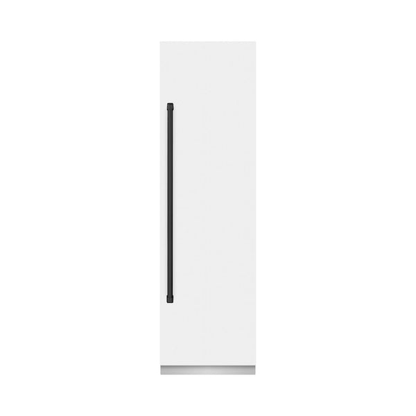 ZLINE Autograph Edition 24 in. 12.5 cu. ft. Column Refrigerator in White Matte with Graphite Gray Interior and Matte Black Accents (RCRVZ-WM-24-MB) front, closed.