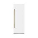 ZLINE Autograph Edition 30 in. 16.7 cu. ft. Column Refrigerator in White Matte with Graphite Gray Interior and Polished Gold Accents (RCRVZ-WM-30-G) front, closed.
