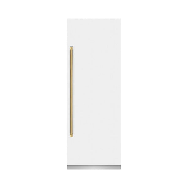 ZLINE Autograph Edition 30 in. 16.7 cu. ft. Column Refrigerator in White Matte with Graphite Gray Interior and Polished Gold Accents (RCRVZ-WM-30-G) front, closed.