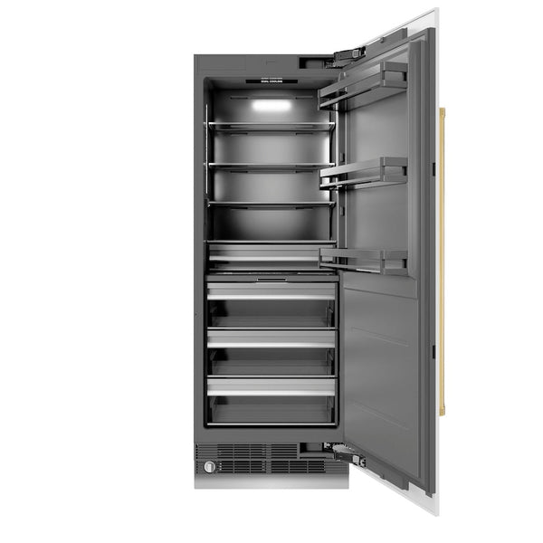 ZLINE Autograph Edition 30 in. 16.7 cu. ft. Column Refrigerator in White Matte with Graphite Gray Interior and Polished Gold Accents (RCRVZ-WM-30-G) front, open.