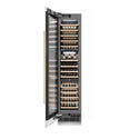 ZLINE Autograph Edition 18 in. 9.0 cu. ft. Triple Zone 68 Bottle Left Hinge Column Wine Cooler in White Matte with Polished Gold Accents (RCWVLZ-WM-18-G) front, open, with wine on racks.
