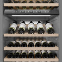 ZLINE Autograph Edition 24 in. 12.4 cu. ft. Triple Zone 100 Bottle Column Wine Cooler in White Matte and Champagne Bronze Accents (RCWVZ-WM-24-CB) close-up detail, wine storage.