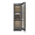 ZLINE Autograph Edition 24 in. 12.4 cu. ft. Triple Zone 100 Bottle Column Wine Cooler in White Matte and Polished Gold Accents (RCWVZ-WM-24-G) front, open, with wine on racks.