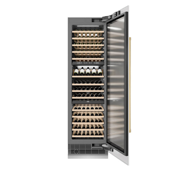 ZLINE Autograph Edition 24 in. 12.4 cu. ft. Triple Zone 100 Bottle Column Wine Cooler in White Matte and Polished Gold Accents (RCWVZ-WM-24-G) front, open, with wine on racks.