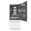 ZLINE Autograph Edition 36 in. 19.8 cu. ft. Built-In Bottom Freezer Refrigerator with Water Dispenser and Ice Maker in White Matte with Graphite Gray Interior and Polished Gold Accents (GRBITZ-WM-36-G)