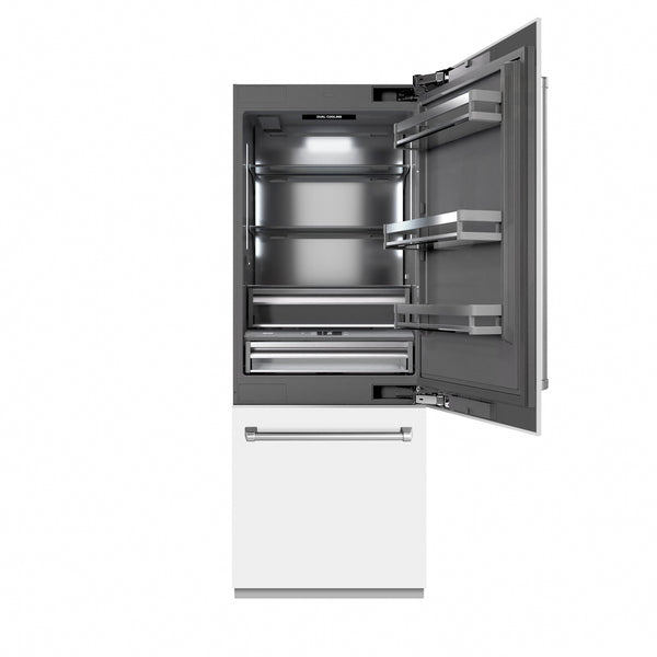 ZLINE 30 in. 16.1 cu. ft. Built-In Bottom Freezer Refrigerator with Water Dispenser and Ice Maker in White Matte with Graphite Gray Interior (GRBIV-WM-30)