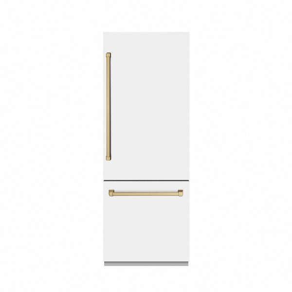 ZLINE Autograph Edition 30 in. 16.1 cu. ft. Built-In Bottom Freezer Refrigerator with Water Dispenser and Ice Maker in White Matte with Graphite Gray Interior and Champagne Bronze Accents (GRBIVZ-WM-30-CB)