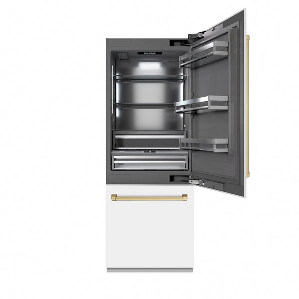 ZLINE Autograph Edition 30 in. 16.1 cu. ft. Built-In Bottom Freezer Refrigerator with Water Dispenser and Ice Maker in White Matte with Graphite Gray Interior and Champagne Bronze Accents (GRBIVZ-WM-30-CB)