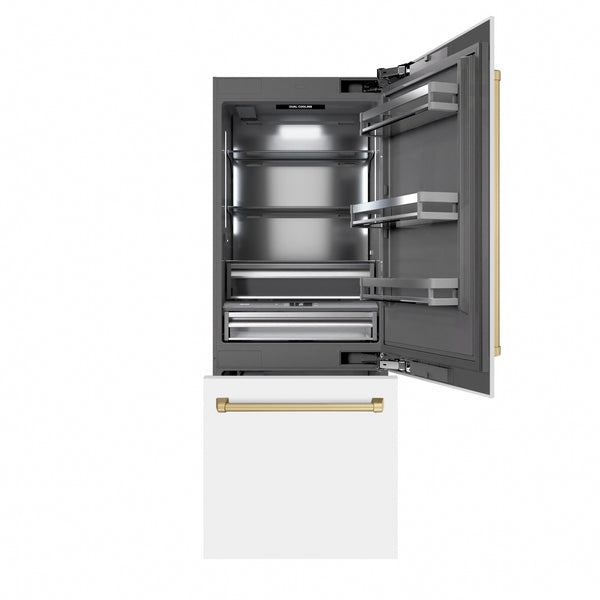 ZLINE Autograph Edition 30 in. 16.1 cu. ft. Built-In Bottom Freezer Refrigerator with Water Dispenser and Ice Maker in White Matte with Graphite Gray Interior and Champagne Bronze Accents (GRBIVZ-WM-30-CB)