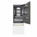ZLINE Autograph Edition 30 in. 16.1 cu. ft. Built-In Bottom Freezer Refrigerator with Water Dispenser and Ice Maker in White Matte with Graphite Gray Interior and Polished Gold Accents (GRBIVZ-WM-30-G)